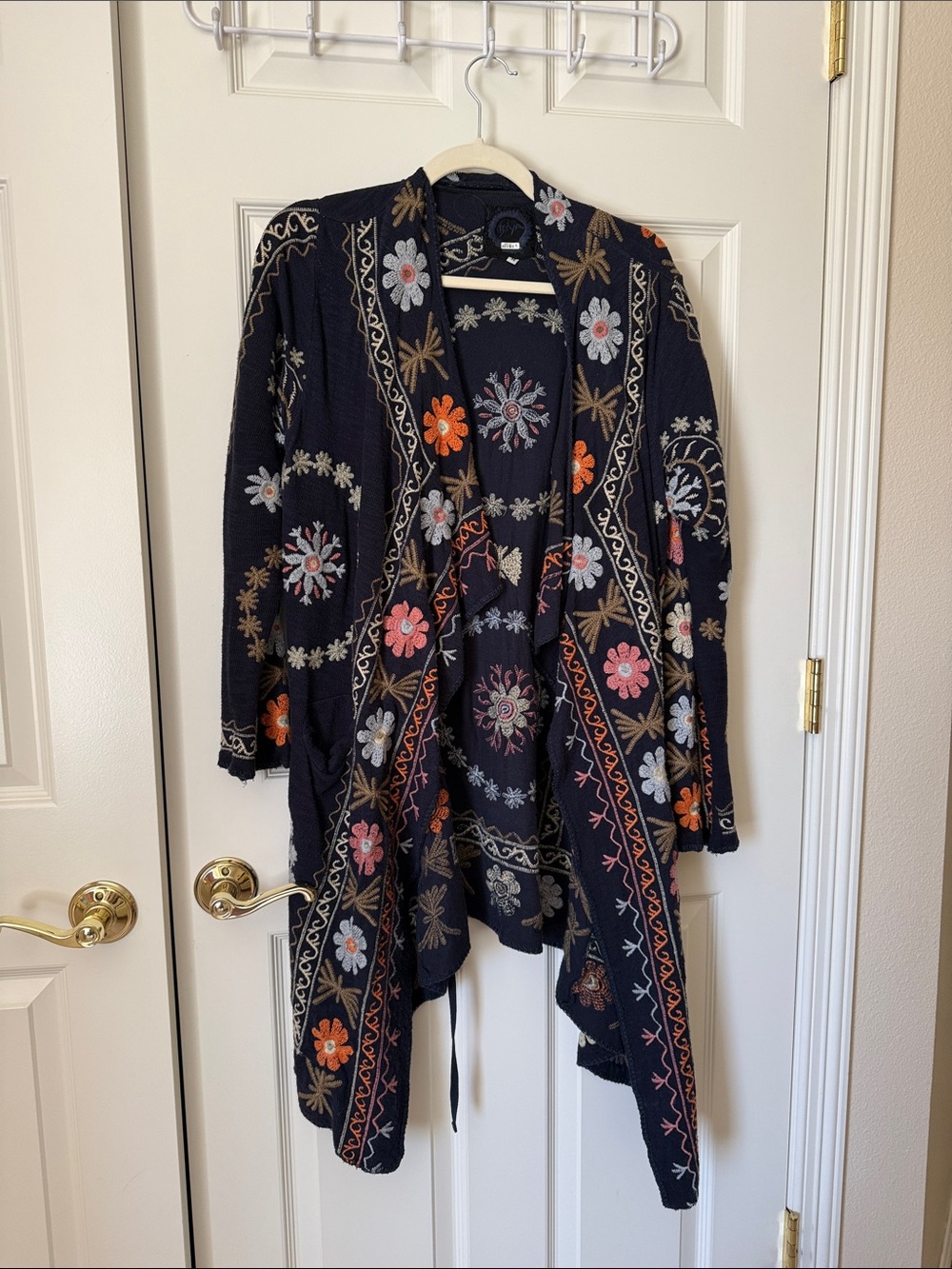 Johnny Was Biya Navy w/ multi colored embroidered Floral Open Cardigan, size M
